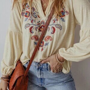 Embroidered Notched Long Sleeve Blouse